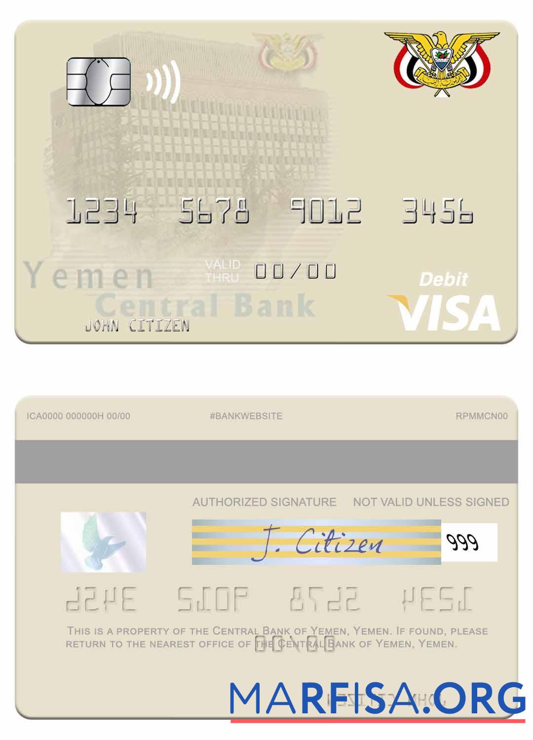 Downloadable Yemen Central Bank of Yemen visa debit card example